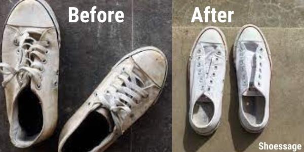 Before and After Using Toothpaste on Dirty White Canvas Shoes 