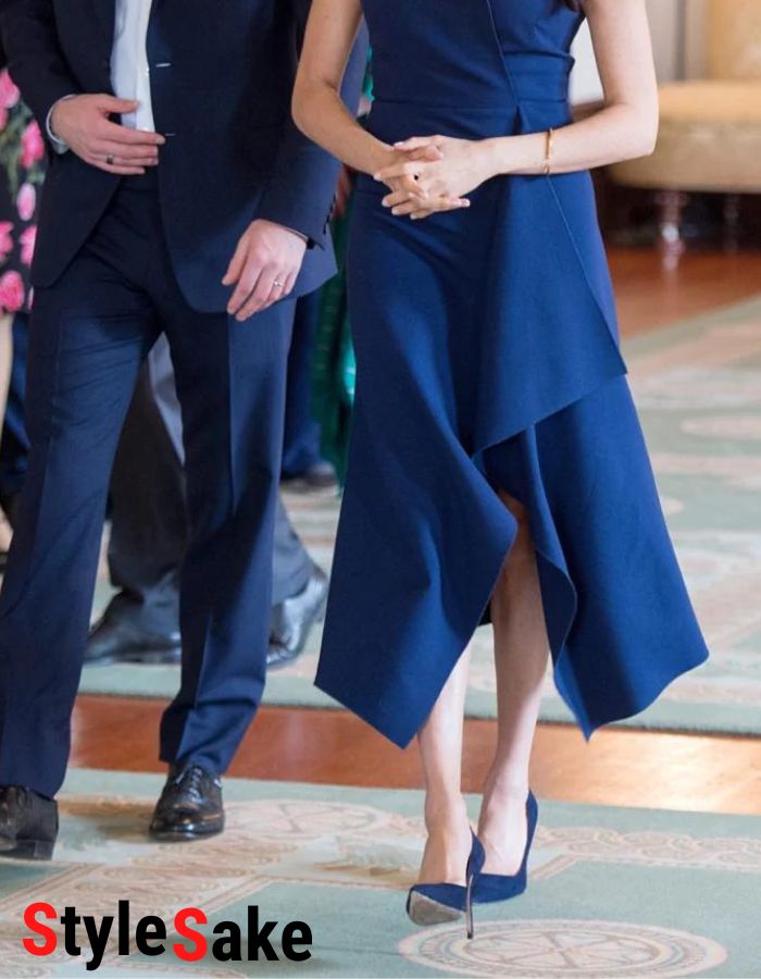 navy maxi and blue pumps shoes