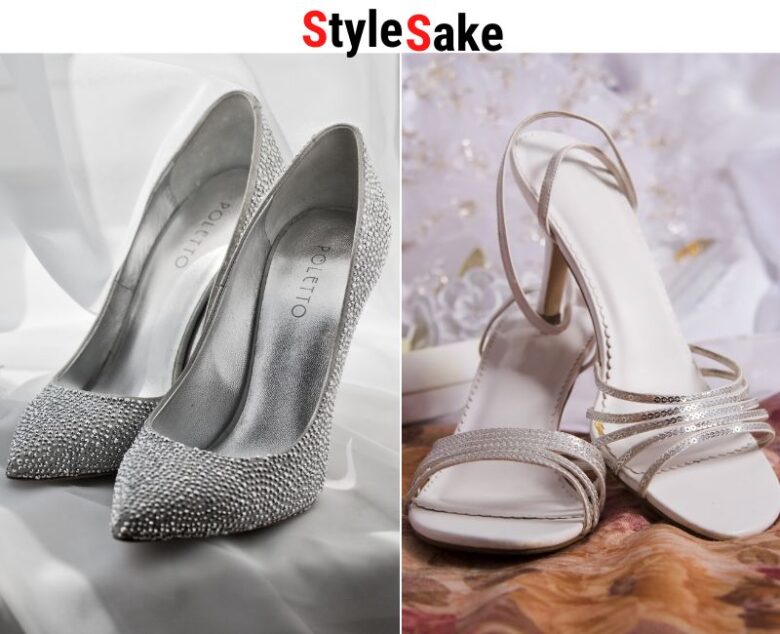 silver shoes with golden dress