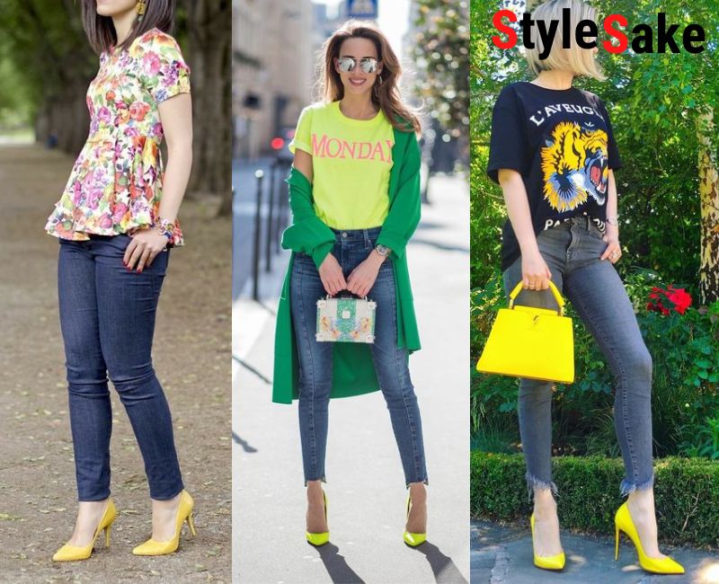 yellow heels and pumps with jeans