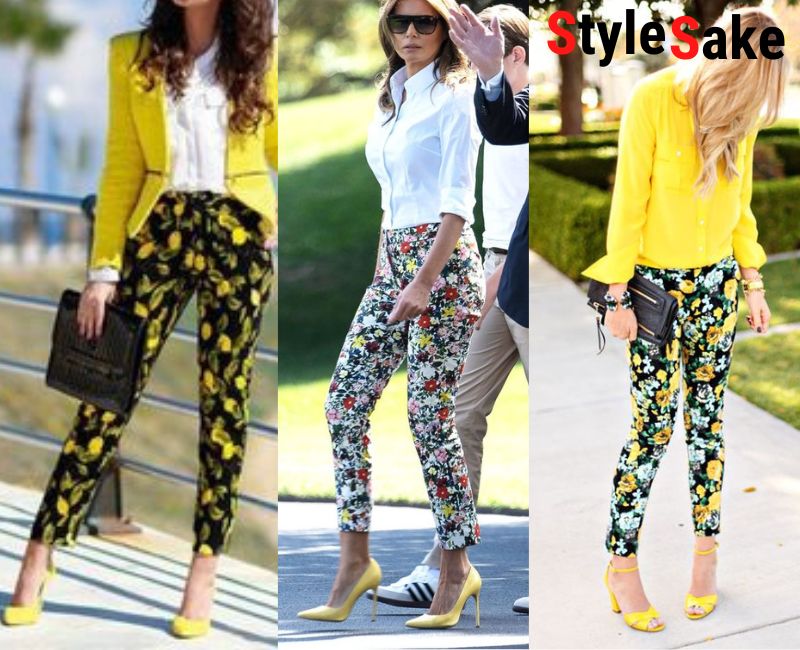 yellow shoes with floral pants
