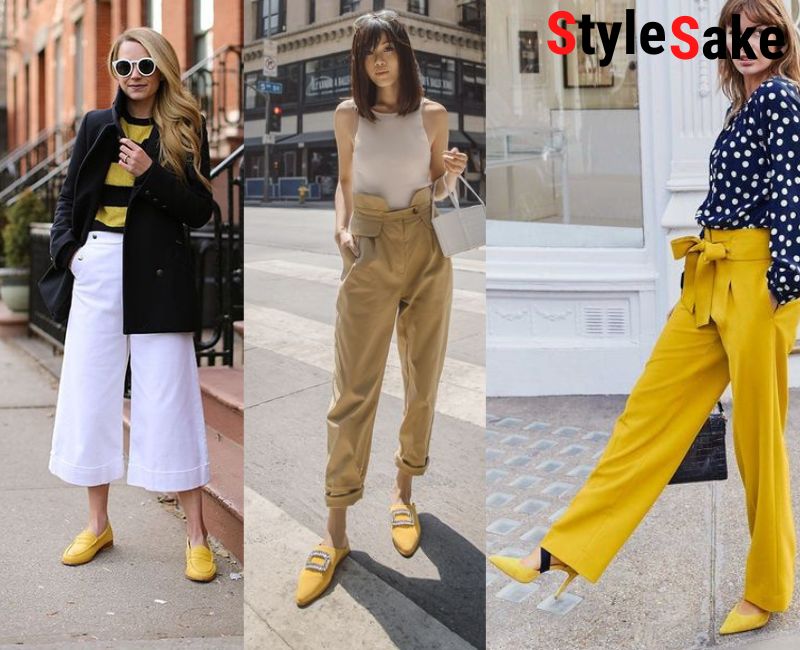 yellow shoes with wide leg pants