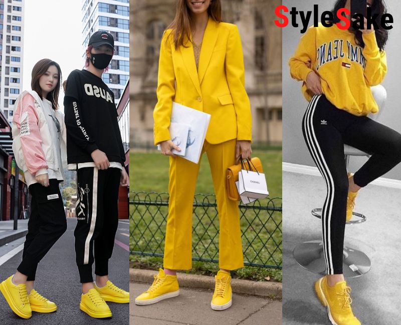 yellow sneakers with trousers