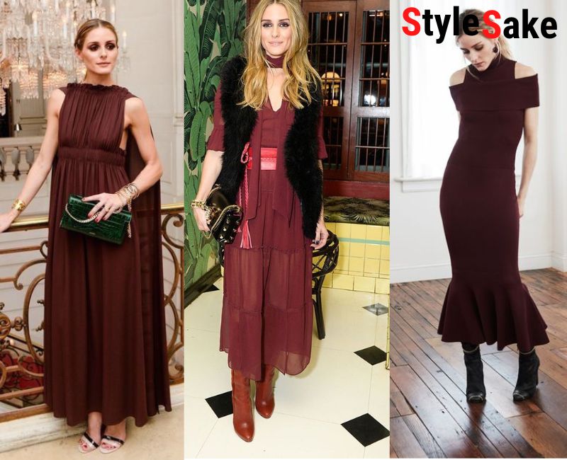 Olivia Palermo style in burgundy dress